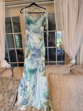 Bella & Bloom Floral Satin Slip Dress in Seafoam Blue